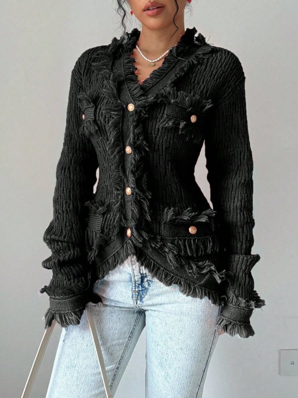Black Casual Women's Patchwork Fringe Long Sleeve Single-Breasted Cardigan - Picture 4 of 6